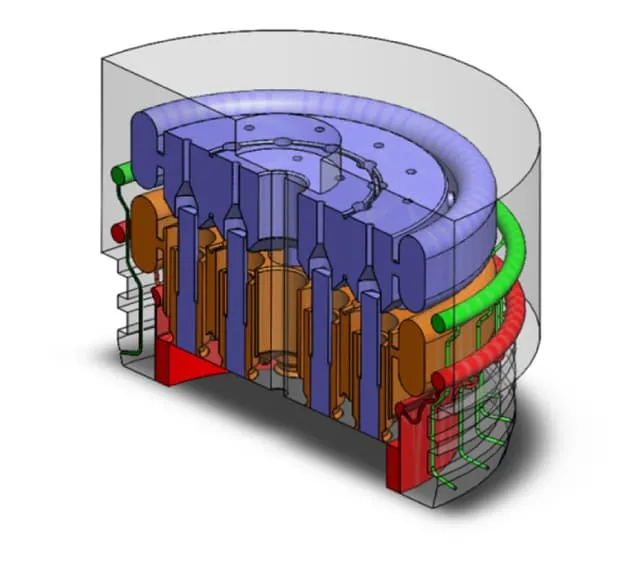 Seção transversal do modelo 3D do injetor de motor de foguete líquido impresso em DMP com volumes de fluxo
